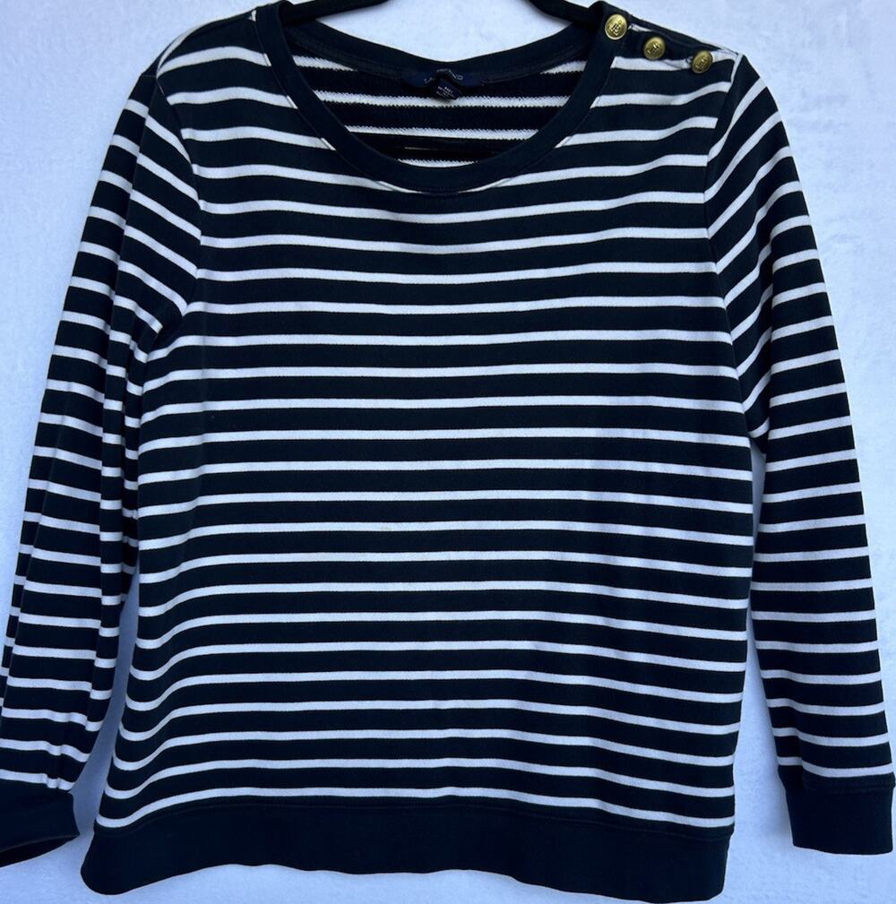 Lands' End Navy White Striped Knit Pullover Sweater Crew Neck Button Shoulder M